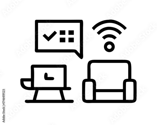 Black line icons representing remote work setup