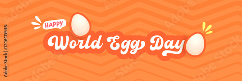 World Egg Day banner with eggs on orange geometric pattern background. International egg day concept horizontal banner poster,flyer, banner design template. Egg food day celebration