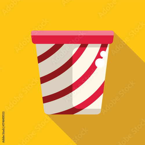 Popcorn bucket with red and white diagonal stripes and pink lid, casting a long shadow, on a vibrant yellow background
