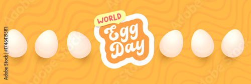 World Egg Day banner with eggs on orange geometric pattern background. International egg day concept horizontal banner poster,flyer, banner design template. Egg food day celebration