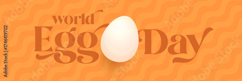World Egg Day banner with eggs on orange geometric pattern background. International egg day concept horizontal banner poster,flyer, banner design template. Egg food day celebration