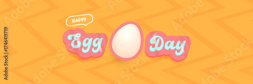 World Egg Day banner with eggs on orange geometric pattern background. International egg day concept horizontal banner poster,flyer, banner design template. Egg food day celebration