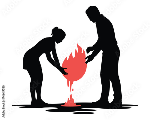 Silhouette of a man and woman holding a flaming red heart together