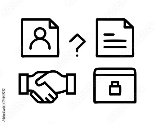 Icon set representing job search, hiring process, and employment agreement