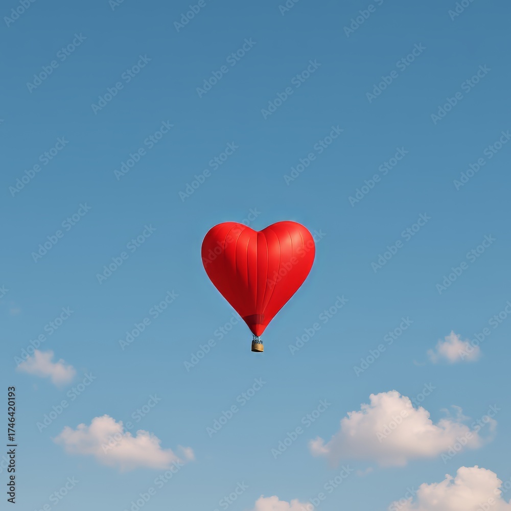Fototapeta premium Saint Valentine red heart hot air balloon floating in clear sky symbol of romantic freedom and love journey