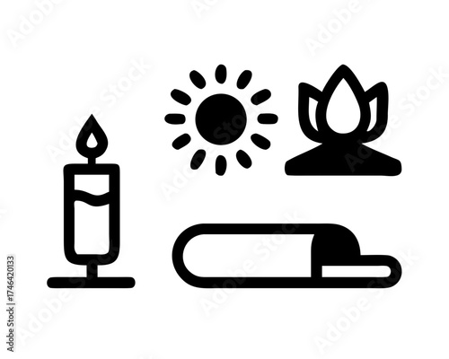 Wellness icons featuring candle, sun, flower, and sleeping bag