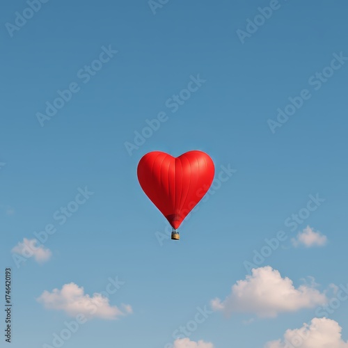 Saint Valentine red heart hot air balloon floating in clear sky symbol of romantic freedom and love journey