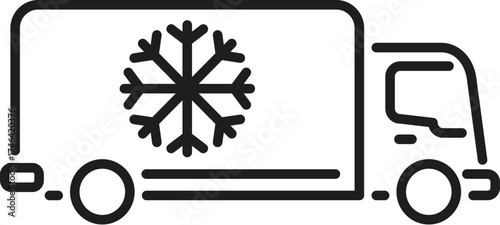 Simple black line vector icon representing a refrigerator truck delivering frozen products, featuring a prominent snowflake symbol, ideal for transportation and logistics concepts