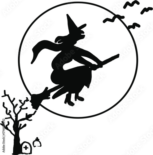 halloween witch flying on broom