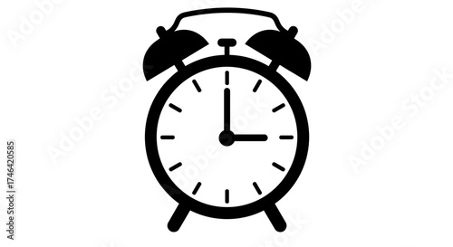 Black and white alarm clock icon showing exact time on white background