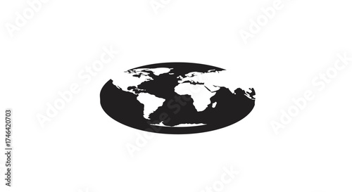 Black and white world map in elliptical shape on white background