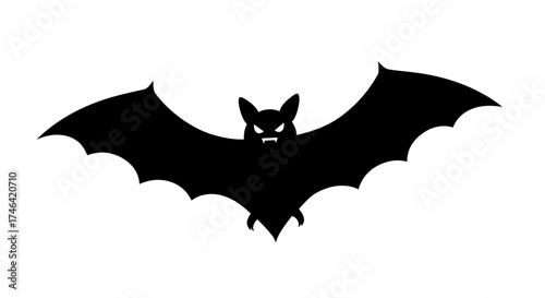 Black bat silhouette with outstretched wings isolated on a white background