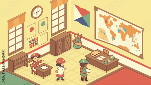 Charming isometric classroom scene featuring students learning geography with vintage map, perfect for educational materials and retro design projects