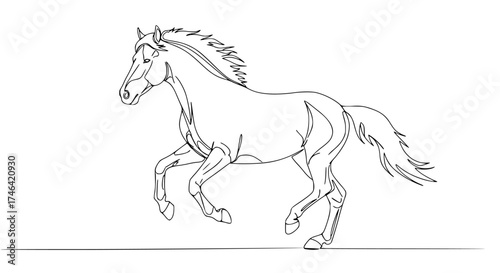 Continuous line drawing of a galloping wild horse, flowing mane and tail symbolizing untamed spirit