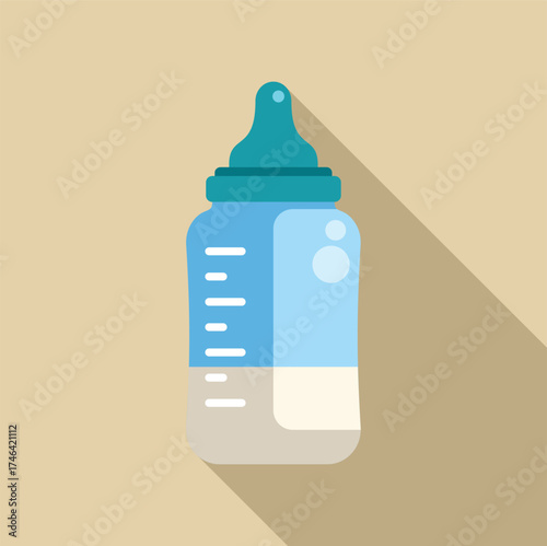 Baby bottle containing milk, featuring measurement lines, set against a beige backdrop