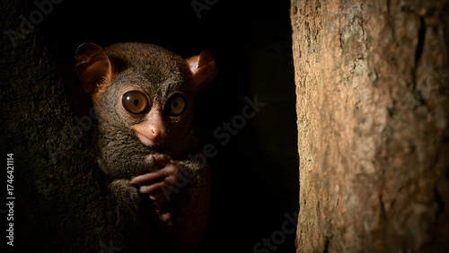 A tarsier illuminated by warm tree shadow, captured in cinematic low light to emphasize facial expression and texture.