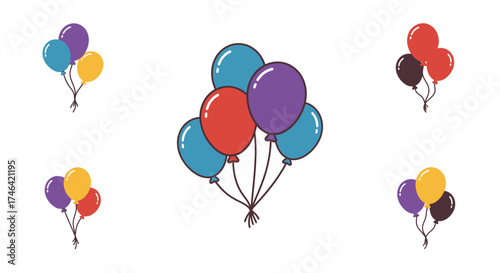 Cartoon balloons bundles of various colors on white background