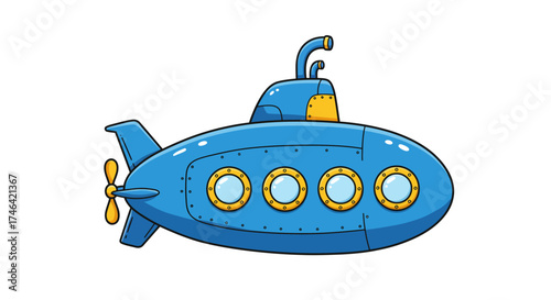 Cartoon submarine illustration isolated on white background underwater vehicle