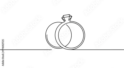 Continuous line art of two interlocked wedding rings on white background