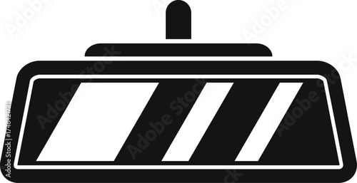 Black and white icon of a car rearview mirror reflecting light stripes, simple design