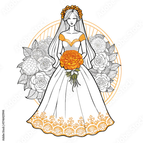 Bride in wedding dress holding bouquet of orange flowers in garden  