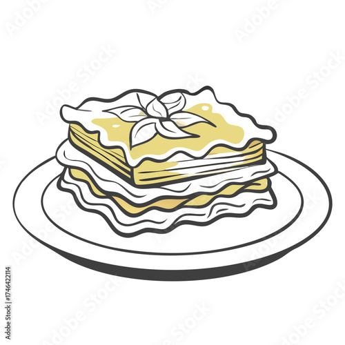 Layered lasagna on a plate with basil garnish  