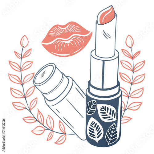 Lip balm and lipstick with leaves and kiss mark graphic design  