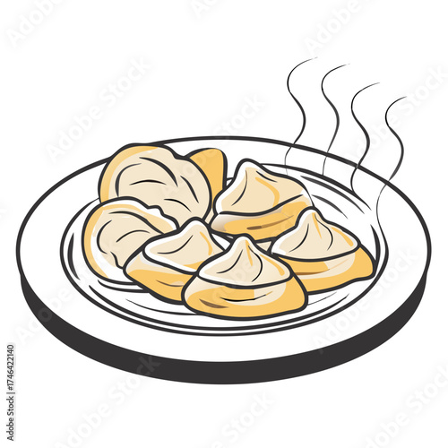 Plate of steaming dumplings served on a white dish  