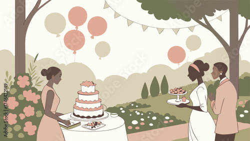 Elegant outdoor wedding reception with diverse guests enjoying cake and celebrations, perfect for event planning and festive occasion themes