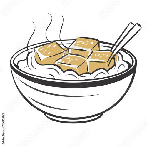 Rice bowl with tofu and steam, served with chopsticks  