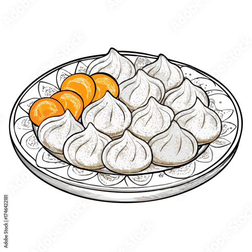 Plate of dumplings served on decorative dish with orange accents  