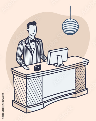 Hotel receptionist standing at front desk in modern style