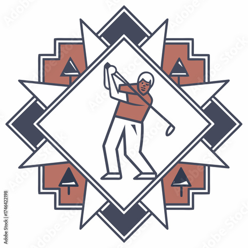Senior man playing golf with club in retro graphic style  