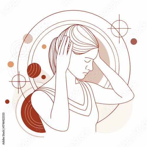 Woman holding her head in pain and feeling discomfort in abstract style  