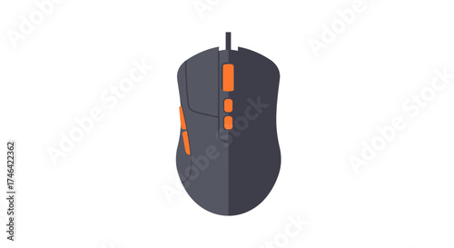 Graphic illustration of a computer mouse with a black and orange color scheme