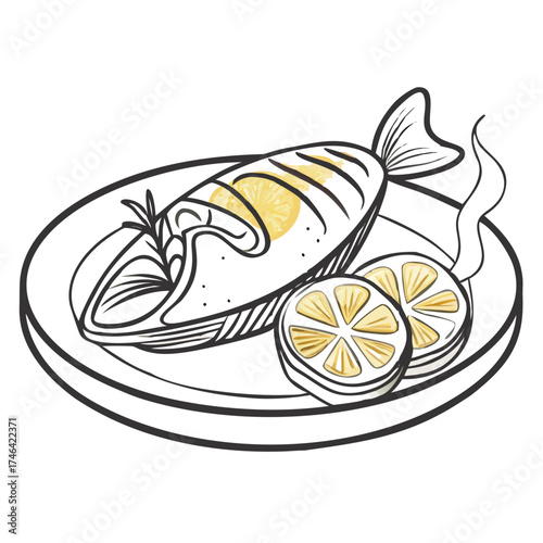 Baked salmon fillet with lemon slices on a white plate  