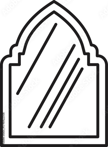 Simple line drawing of an arched window or mirror frame, reflecting light, in a minimalist style, perfect for design projects