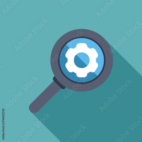 Magnifying glass is showing gear setting symbol conveying concept of finding solution for technical problems