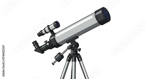 Illustration of a classic astronomical telescope on a tripod against a white background