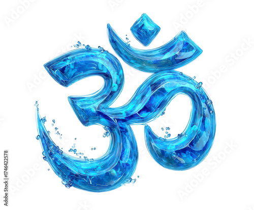A vibrant blue om symbol, representing the sacred sound and spiritual icon in hinduism, buddhism, jainism, and sikhism, rendered in a liquid waterlike texture and isolated on a transparent background