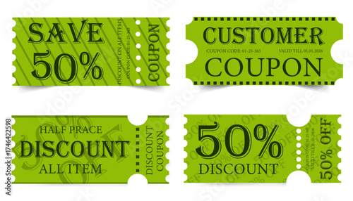 Collection of green discount coupons, half price sale. Paper coupon template