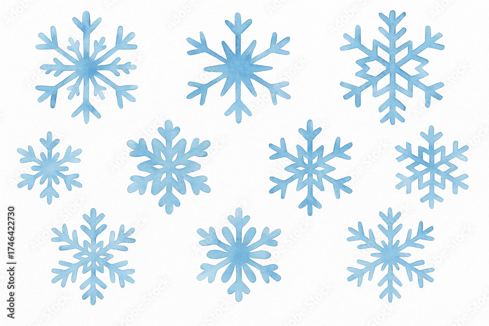 Fototapeta premium Watercolor illustration set of blue snowflakes on white background. Hand-painted winter design, perfect for Christmas cards, seasonal patterns, and festive decorations.