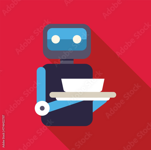 Robot waiter holding serving tray with bowl, symbolizing automation in restaurant industry