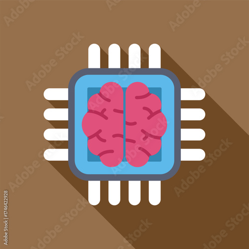 Pink human brain inside blue computer chip processing data, representing artificial intelligence