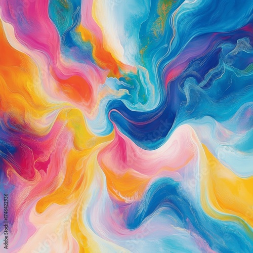 Colorful painting with a swirl of colors and a blue and yellow center. The painting is abstract and has a sense of movement and energy