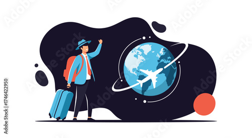 A person with luggage waving hello near a globe with a plane flying around it.