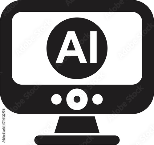 Black and white vector icon representing artificial intelligence displayed on a computer monitor, symbolizing the growing role of ai in modern technology