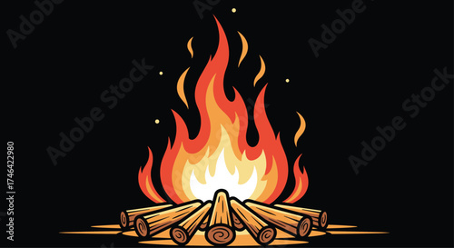 A glowing campfire crackles warmly in the dark night sky.