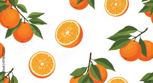 A vibrant seamless pattern of fresh oranges and their slices.