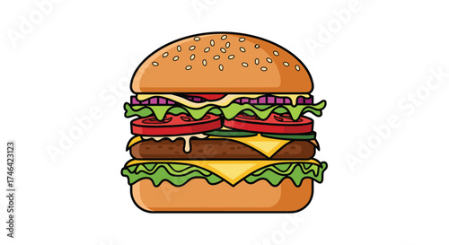 A tall cheeseburger with fresh ingredients and sesame seeds on top.